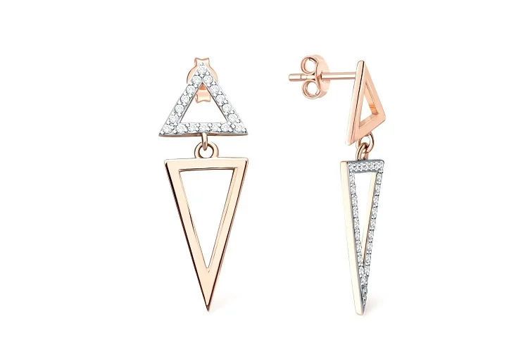 Серьги-пусеты Треугольники из красного золота с 44 фианитами