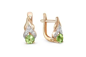 Серьги из красного золота с 2 хризолитами и 10 фианитами