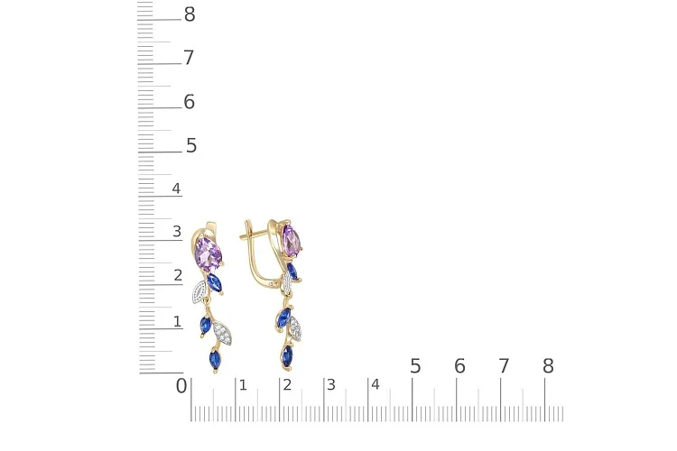 Серьги Веточки из жёлтого золота с 2 аметистами и 18 фианитами