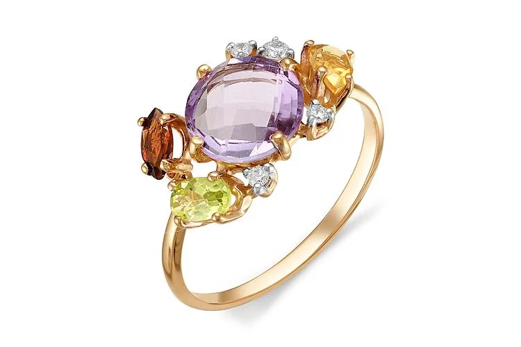 Кольцо из красного золота с аметистом, гранатом и хризолитом
