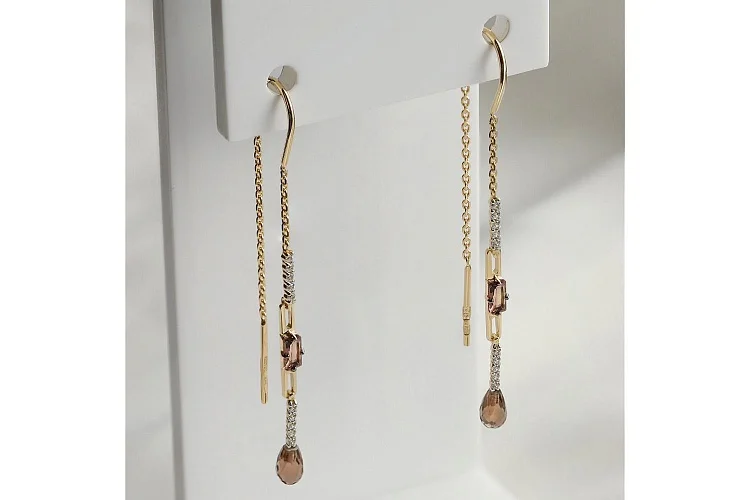 Серьги-продёвки из жёлтого золота с 4 раухтопазами и 20 фианитами