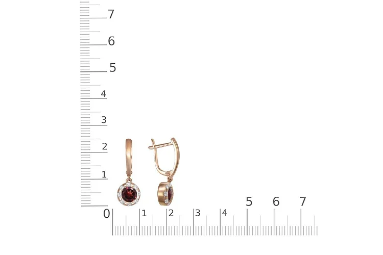 Серьги из красного золота с 2 гранатами и 16 фианитами