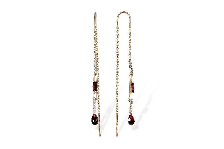 Серьги-продёвки из красного золота с 4 гранатами и 20 фианитами