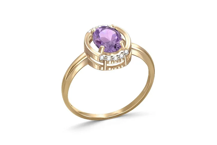 Кольцо из жёлтого золота с аметистом и 10 фианитами