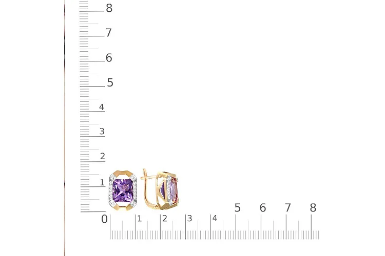 Серьги из жёлтого золота с 2 аметистами и 28 фианитами