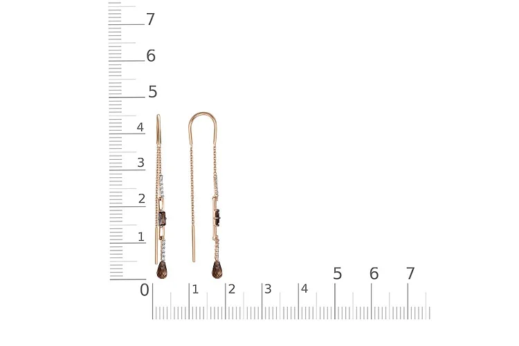 Серьги-продёвки из красного золота с 4 раухтопазами и 20 фианитами