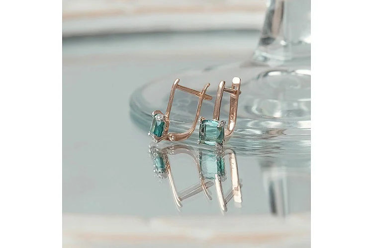 Серьги из красного золота с 2 ситаллами и 8 фианитами