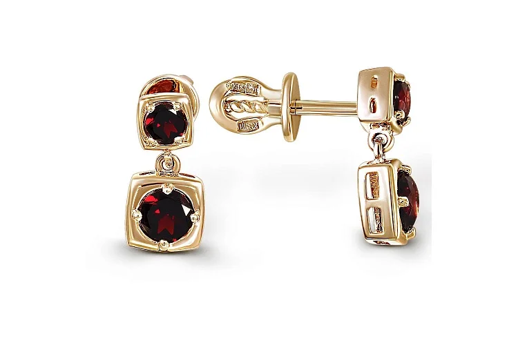 Серьги-пусеты Квадраты из жёлтого золота с 4 гранатами