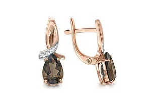 Серьги из красного золота с 2 раухтопазами и 6 фианитами