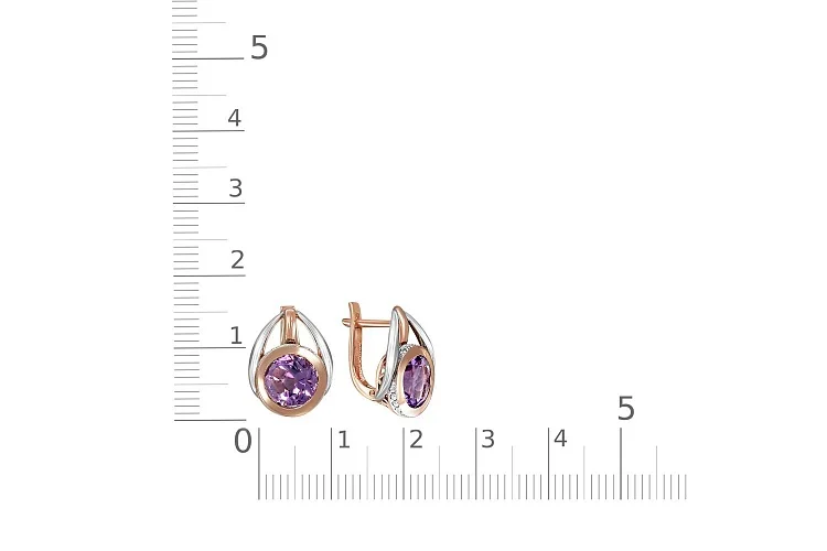 Серьги из красного золота с 2 аметистами и 36 фианитами