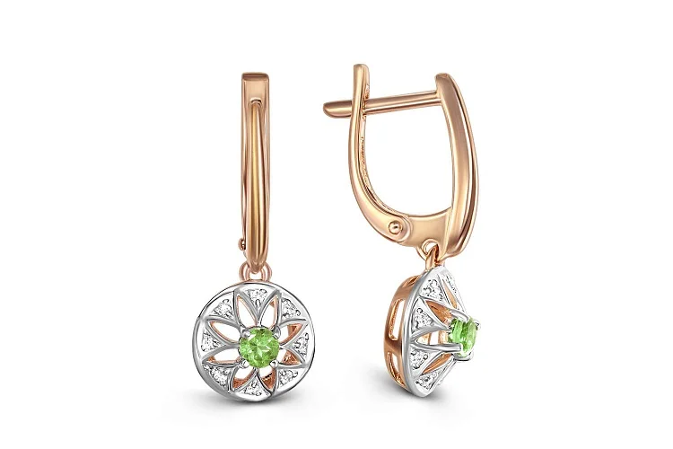 Серьги Цветы из красного золота с 2 хризолитами и 16 фианитами