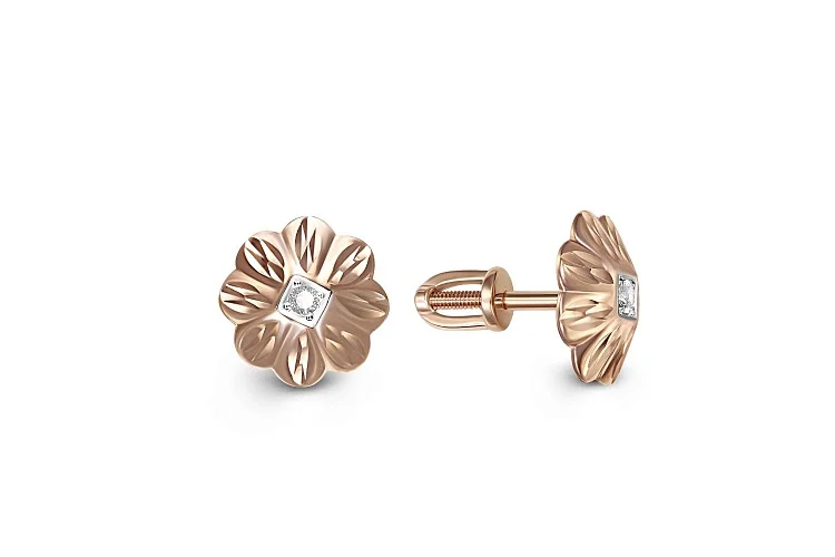Серьги-пусеты Цветы из красного золота с 2 бриллиантами