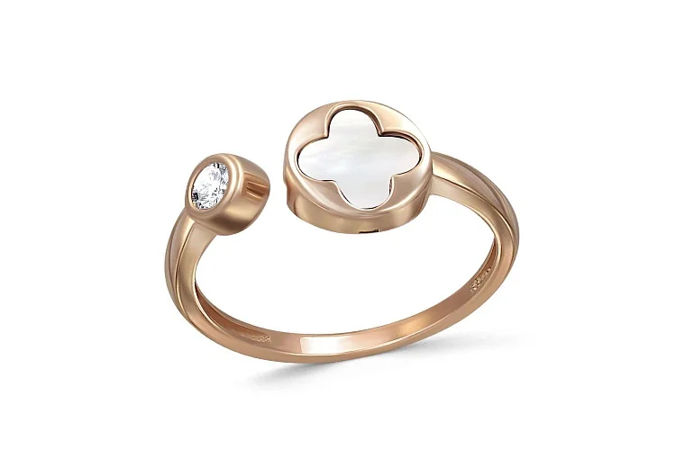 Кольцо Клевер из красного золота с перламутром и фианитом