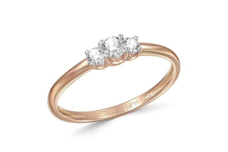 Кольцо из красного золота с 3 фианитами