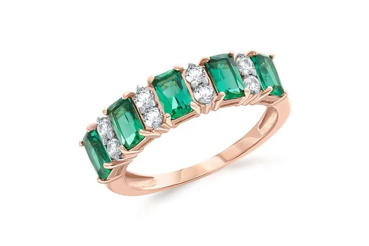 Кольцо из красного золота с 5 изумрудами и 8 фианитами