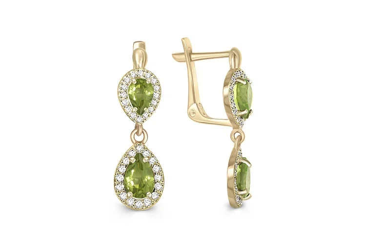 Серьги из жёлтого золота с 68 хризолитами