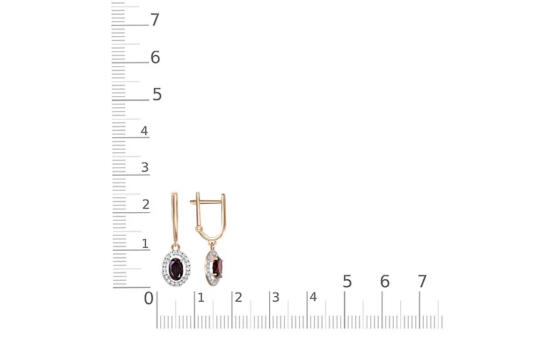 Серьги из красного золота с 2 гранатами и 40 фианитами