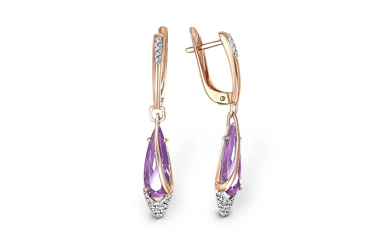 Серьги из красного золота с 2 аметистами и 32 фианитами