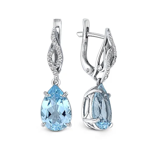 Серьги из белого золота с 2 топазами sky и 24 топазами бесцветными