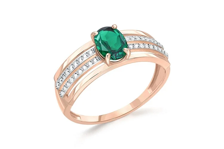 Кольцо из красного золота с изумрудом и 36 фианитами
