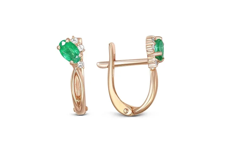 Серьги из красного золота с 2 изумрудами и 6 бриллиантами