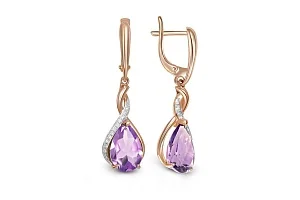 Серьги из красного золота с 2 аметистами и 24 фианитами