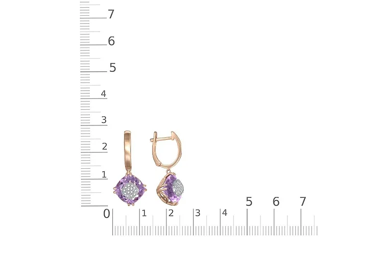 Серьги из красного золота с 2 аметистами и 28 фианитами