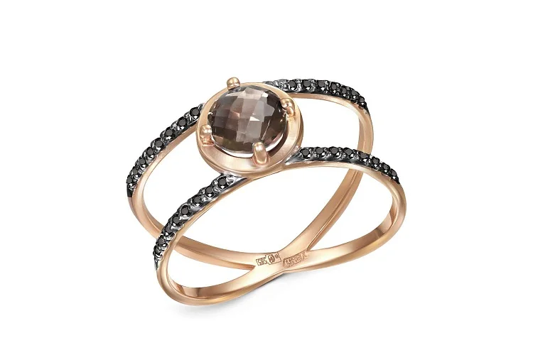 Кольцо из красного золота с раухтопазом и 32 фианитами