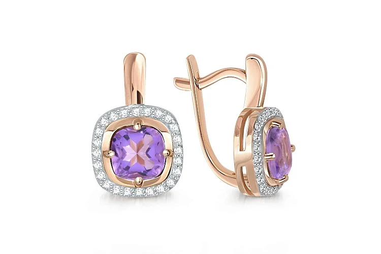 Серьги из красного золота с 2 аметистами и 48 фианитами