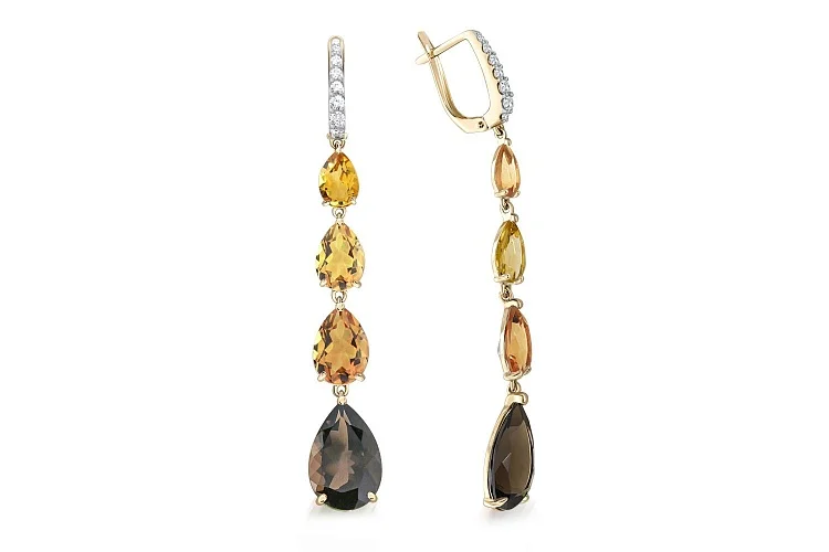 Серьги из жёлтого золота с раухтопазами, цитринами и фианитами