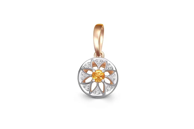 Подвеска Цветок из красного золота с цитрином и 8 фианитами