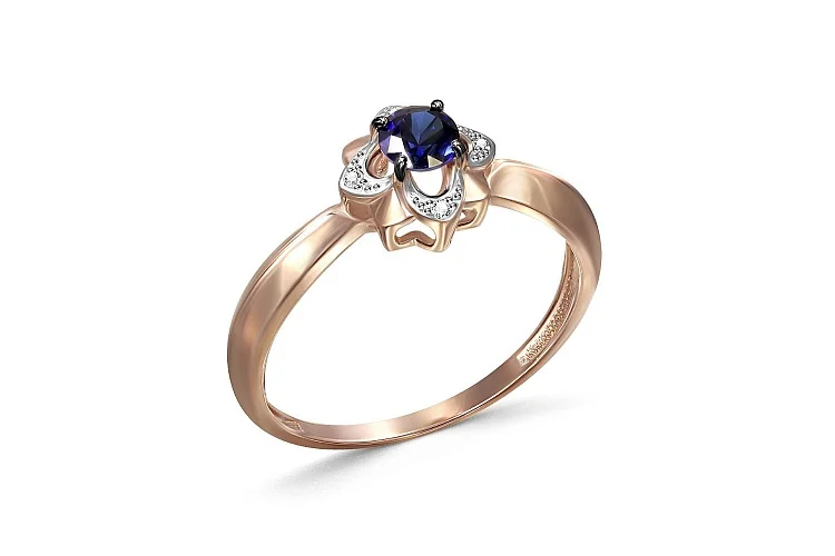 Кольцо Цветок из красного золота с корундом и 4 фианитами