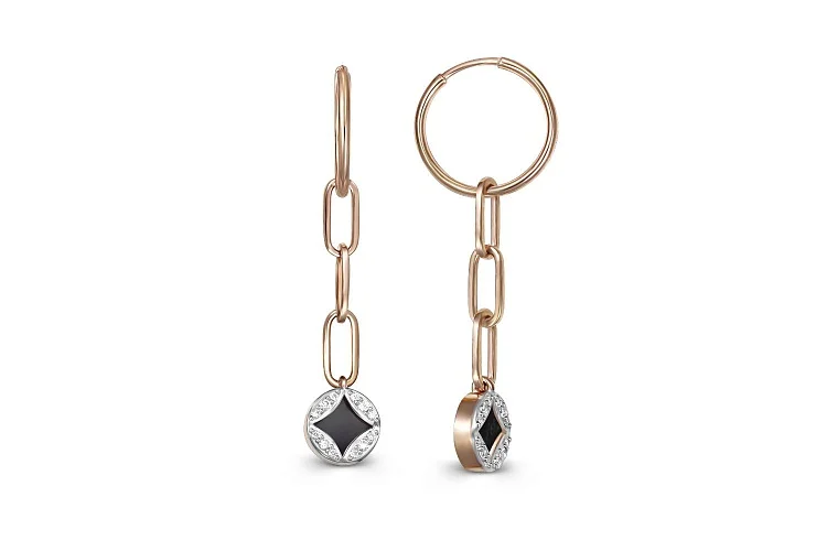 Серьги из красного золота с 2 ониксами и 24 фианитами