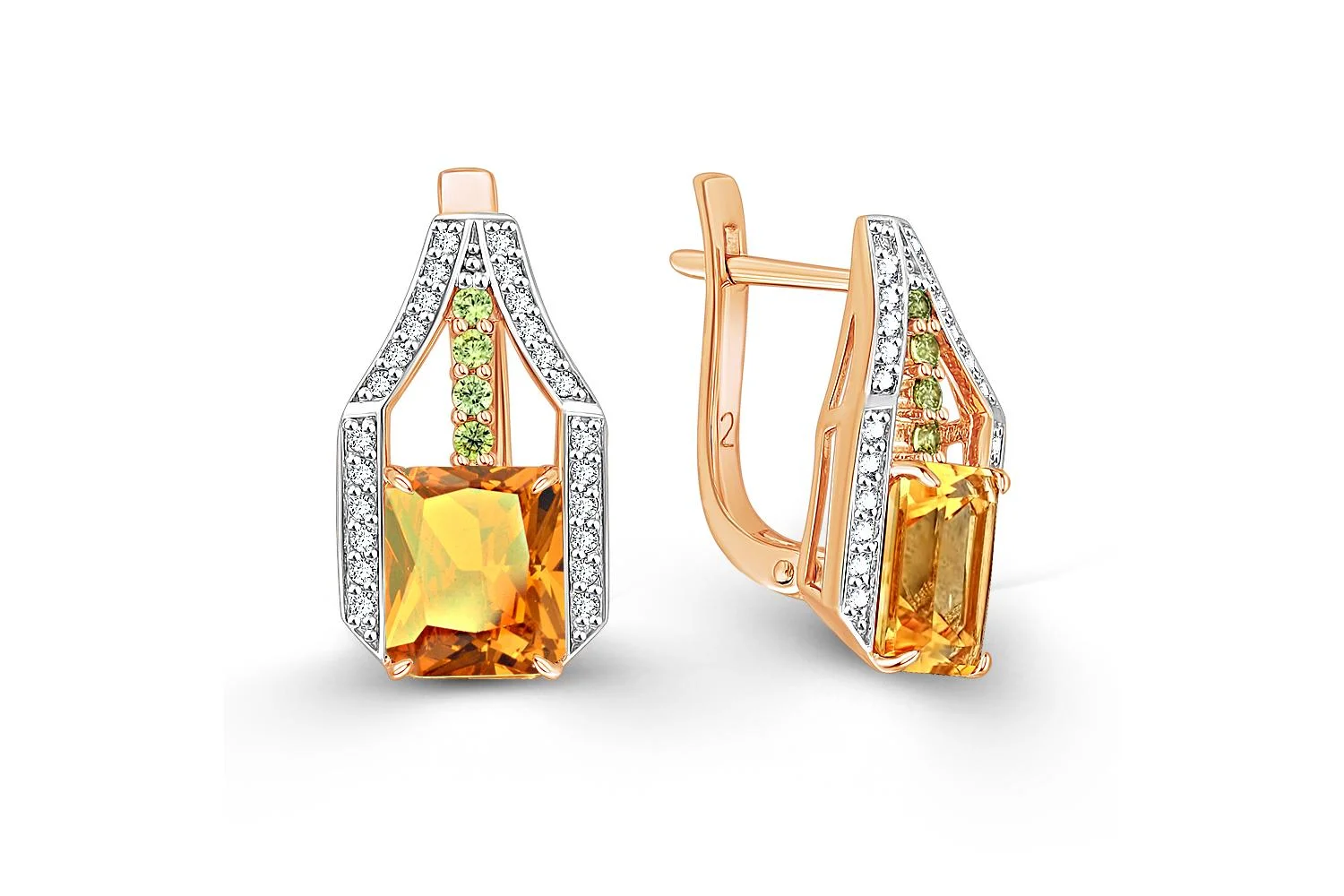 Серьги из жёлтого золота с 2 цитринами и 56 фианитами