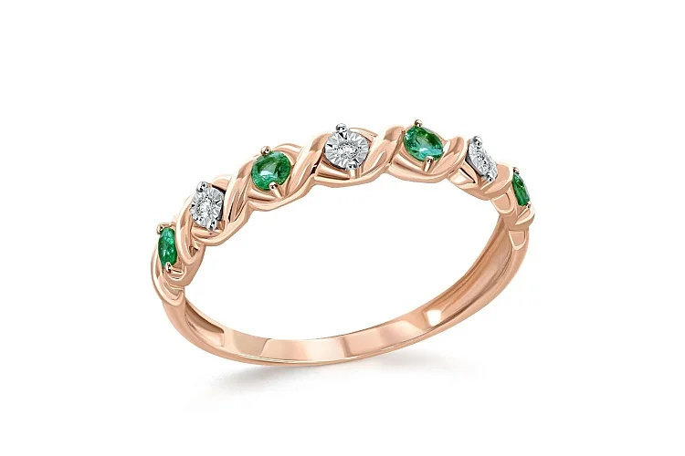 Кольцо Дорожка из красного золота с 4 изумрудами и 3 бриллиантами