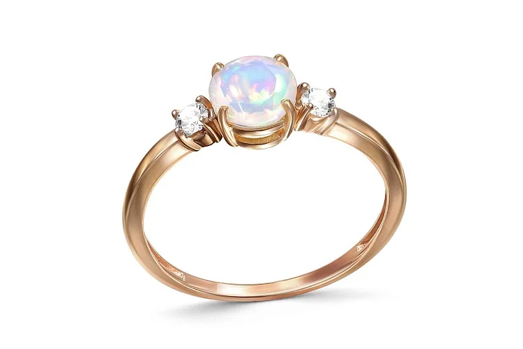 Кольцо из красного золота с опалом и 2 фианитами