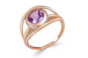 Кольцо из красного золота с аметистом и 16 фианитами