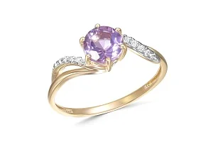 Кольцо из жёлтого золота с аметистом и 10 фианитами
