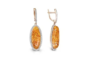 Серьги из красного золота с янтарём и 108 фианитами