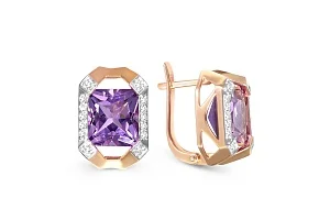 Серьги из красного золота с 2 аметистами и 28 фианитами
