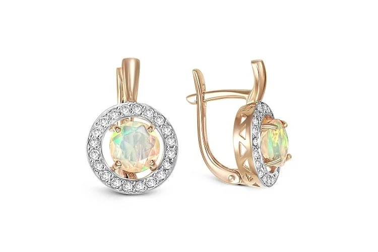 Серьги из красного золота с 2 опалами и 40 турмалинами