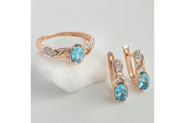 Серьги из красного золота с 2 топазами swiss и 14 фианитами