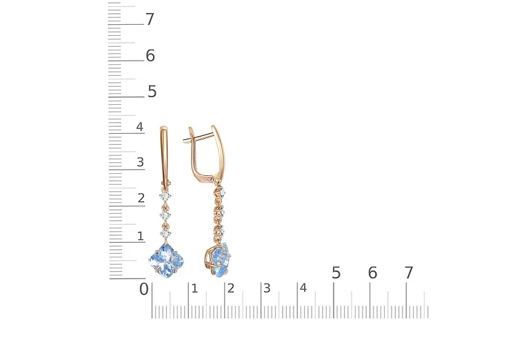 Серьги из красного золота с 2 топазами sky и 6 фианитами