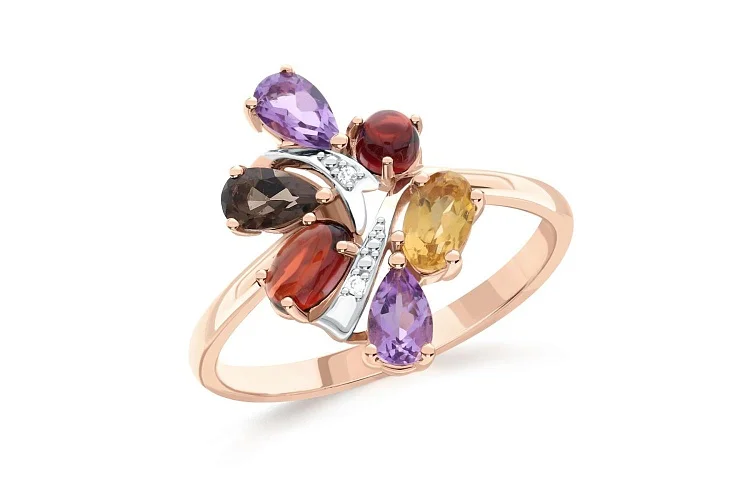 Кольцо из красного золота с аметистами, гранатами и раухтопазом