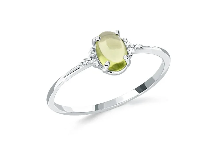 Кольцо из белого золота с хризолитом и 6 фианитами