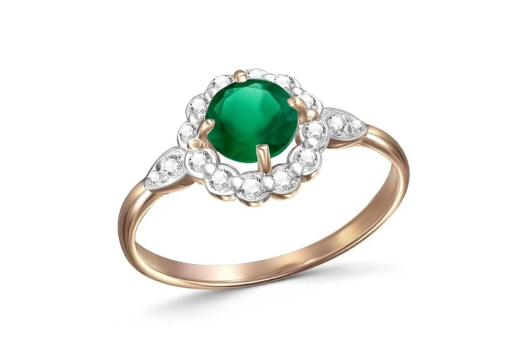 Кольцо Цветок из красного золота с агатом и 16 фианитами