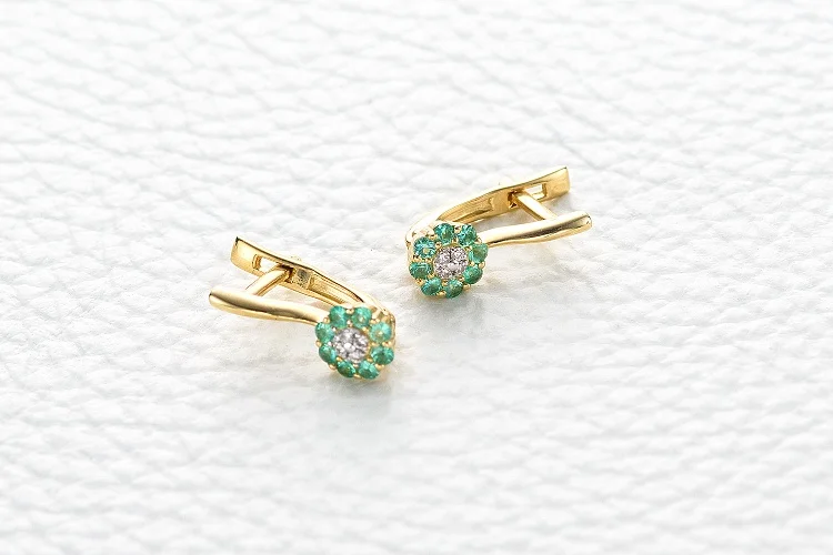 Серьги Цветы из жёлтого золота с 16 изумрудами и 8 бриллиантами