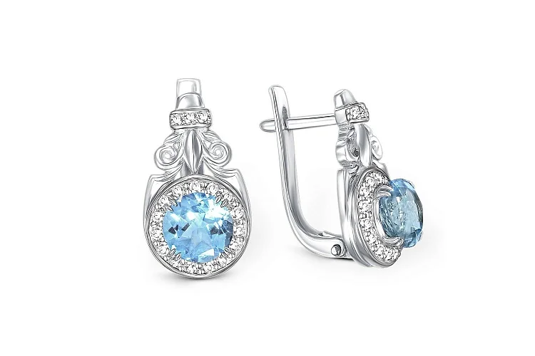 Серьги из белого золота с 2 топазами swiss и 36 фианитами