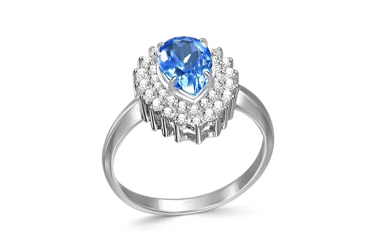 Кольцо из белого золота с топазом swiss и 38 фианитами