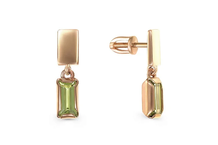 Серьги-пусеты Прямоугольники из красного золота с 2 хризолитами